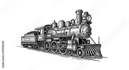 Vintage Engraving Style Steam Locomotive, Detailed Woodcut Antique Train Vector Illustration