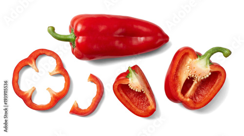 Collection of vibrant red bell pepper pieces: a whole pepper, sliced rings, a half, and wedges.
