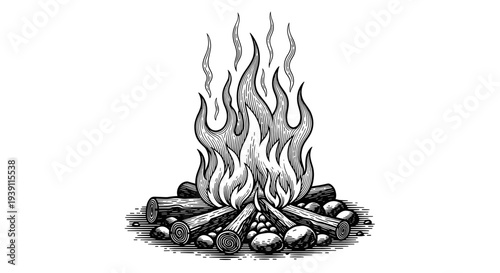 vintage camping campfire scene with kettle hanging over fire detailed engraving illustration outdoor adventure wilderness cooking woodcut style