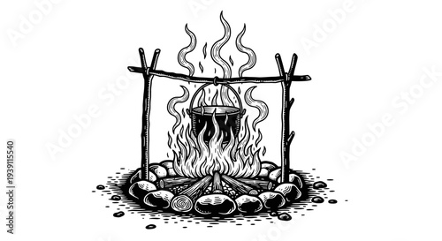 vintage camping campfire scene with kettle hanging over fire detailed engraving illustration outdoor adventure wilderness cooking woodcut style