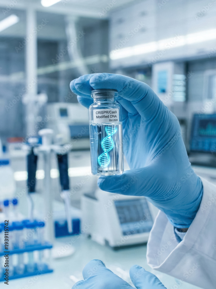 Fototapeta premium Scientist hand holding vial in laboratory, medical research and biotechnology .generative AI