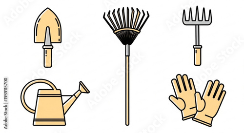 A set of gardening tools and accessories in a simple vector graphic design