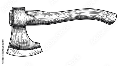 woodcutter axe rustic forestry tool detailed vintage engraving illustration wooden handle chopping axe hand drawn woodcut style