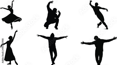 Dance silhouette set, dancers performing artistic dance vector collection