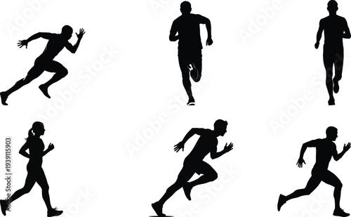 Running people silhouette set, runner sprint pose vector collection