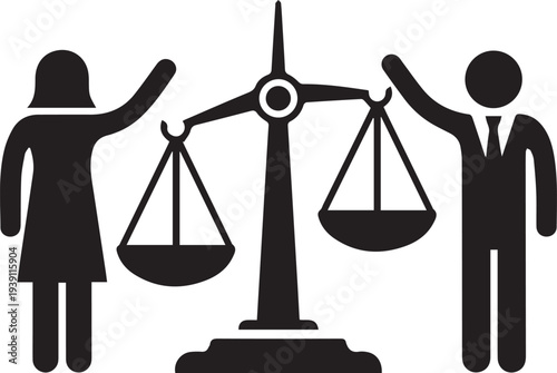 Gender equality justice scale vector silhouette illustration depicting balanced law rights