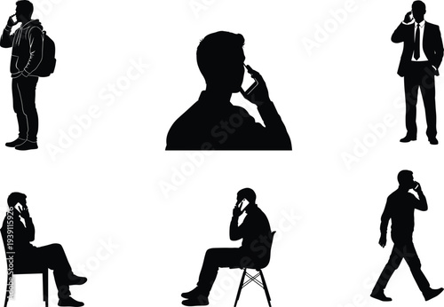 Man talking on phone silhouette set, people making call vector collection
