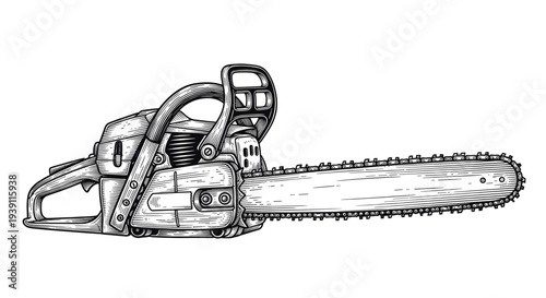 Vintage engraving chainsaw power tool detailed woodworking equipment illustration hand drawn woodcut style
