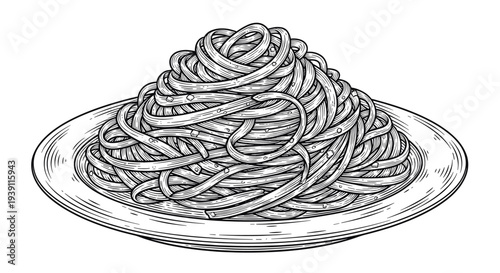 Vintage engraving spaghetti pasta plate detailed italian cuisine food illustration hand drawn traditional meal in classic woodcut style