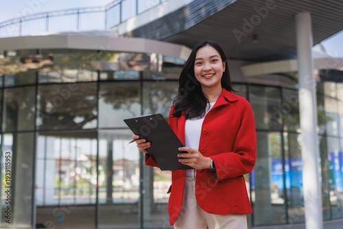 Asian businesswoman smiling holding clipboard checking property