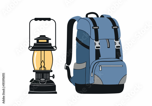 A blue backpack and a lantern placed side by side on a neutral background viewed from the front.