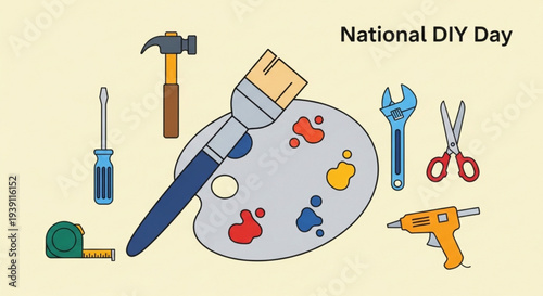 National diy day illustration with tools and paint palette