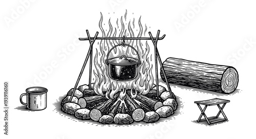 vintage camping campfire scene with kettle hanging over fire detailed engraving illustration outdoor adventure wilderness cooking woodcut style