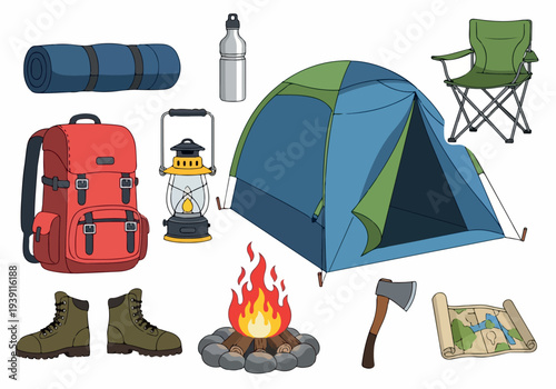 Camping gear and accessories arranged around a tent and campfire in a serene outdoor setting viewed from above