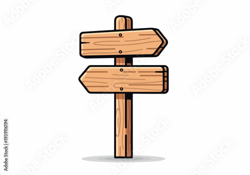 A wooden signpost with two directional signs standing upright in a minimalist environment viewed from the front.