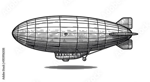 Vintage dirigible engraving, antique zeppelin airship sketch and steampunk aviation illustration in woodcut style isolated