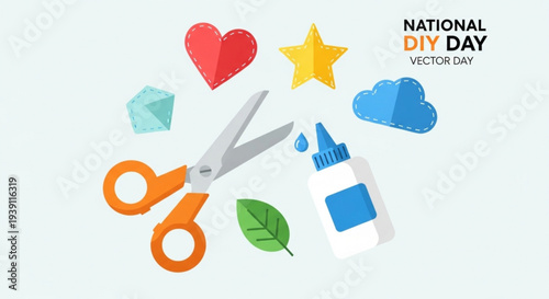 National diy day vector illustration with scissors glue and colorful shapes