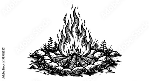 vintage camping campfire scene with kettle hanging over fire detailed engraving illustration outdoor adventure wilderness cooking woodcut style