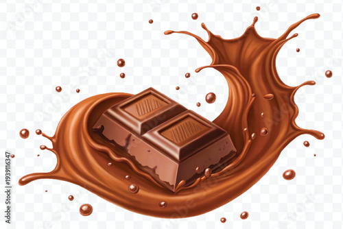 abstract 3d chocolate bar into liquid chocolate splash with bubbles in curve style isolated on transparent background