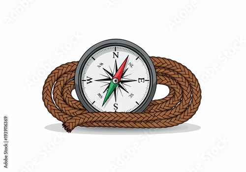 A brown rope encircles a compass with a white face, red and green needles, and black markings on a transparent background from a directly overhead viewpoint