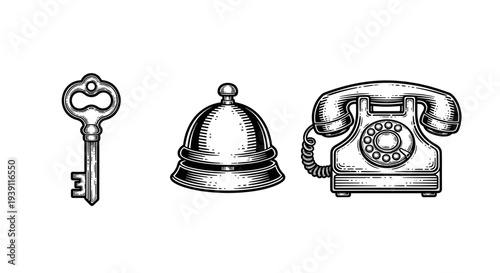 vintage hotel service icons set with reception bell guest registry book and decorative key engraving illustration antique hospitality symbols woodcut style