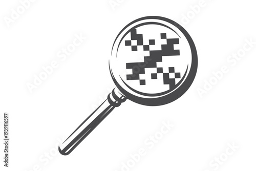 Pixel Art Magnifying Glass Icon, Minimalist Black and White Search Silhouette for Web Design