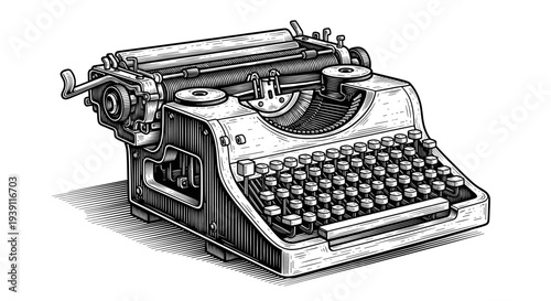 vintage mechanical typewriter detailed retro writing machine engraving illustration isolated, hand drawn antique office equipment woodcut style classic journalist typing device artwork
