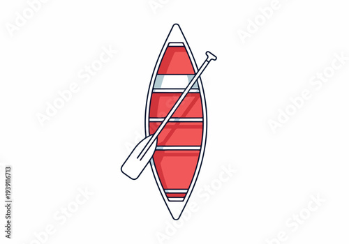 A red canoe with a white paddle lying across it viewed from directly above in a serene environment