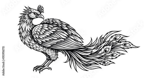 Mythical phoenix bird engraving, antique fire bird sketch and fantasy creature illustration in vintage woodcut style isolated