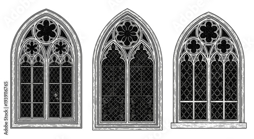 Vintage engraving gothic cathedral windows detailed medieval architecture stained glass church illustration hand drawn woodcut style