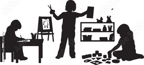 Young boy making a colorful paper turkey craft for Thanksgiving celebration, surrounded by cornucopia, pumpkins, and autumn decorations on a white background.