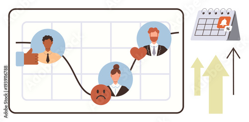Business growth, emotional trends, team evaluation, goal setting, project management, planning strategy. Graph with people icons and emotions, calendar and upward arrows. Business growth