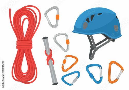 Climbing equipment including helmet, ropes, and carabiners arranged on a surface, viewed from directly above, showcasing adventure gear.