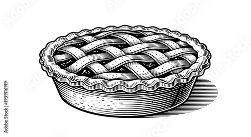 Vintage apple pie engraving, antique bakery sketch, traditional sweet pastry with lattice crust in woodcut style