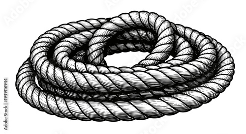 Vintage marine rope knot engraving, antique nautical cord sketch and maritime symbol illustration in woodcut style isolated