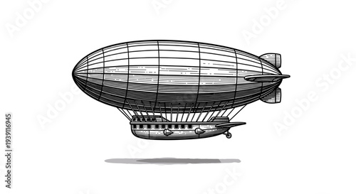 Vintage dirigible engraving, antique zeppelin airship sketch and steampunk aviation illustration in woodcut style isolated