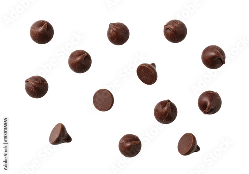 Dark chocolate chips with teardrop shape, subtle texture, semi-glossy sheen, scattered on a transparent background with copy space, bright high-key lighting, commercial food ingredient concept