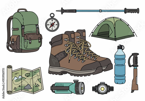 Hiking gear and camping equipment arranged neatly on a white background, showcasing various outdoor essentials from a top-down viewpoint