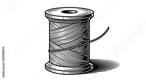 Vintage sewing tools composition with thread spools and needles detailed engraving illustration, antique tailoring equipment hand drawn woodcut style craft supplies