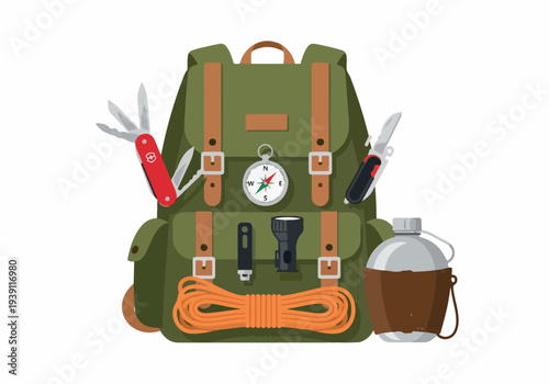Outdoor adventure preparation with equipment and hiking gear displayed on a green backpack from a front viewpoint