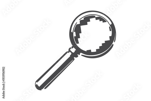 8-Bit Style Magnifying Glass Illustration, Black and White Silhouette for Research and Analysis