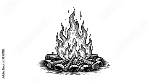 vintage engraving campfire burning wooden logs detailed outdoor camping illustration hand drawn fire flames in retro woodcut style