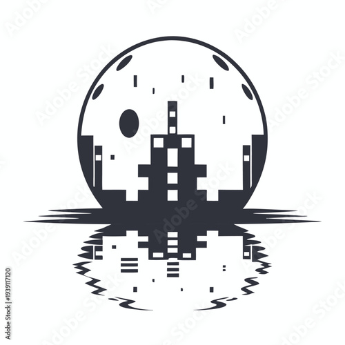 Minimalist Space Colony Illustration, Pixel Art Moon Base Design, 2-Color Solid Vector Graphic