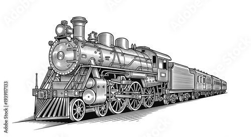 Vintage Engraving Style Steam Locomotive, Detailed Woodcut Antique Train Vector Illustration