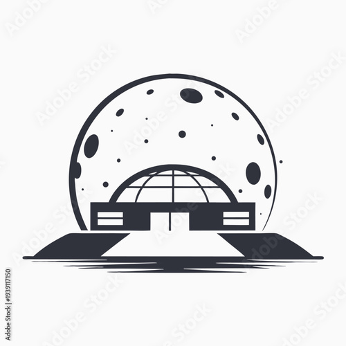 Sci-Fi Lunar Habitat Silhouette, Pixel Art Space Outpost on Moon Surface, Retro 8-Bit Style