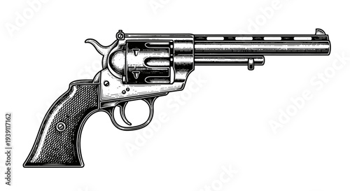 Vintage revolver engraving, hand drawn retro wild west pistol sketch, antique cowboy firearm isolated