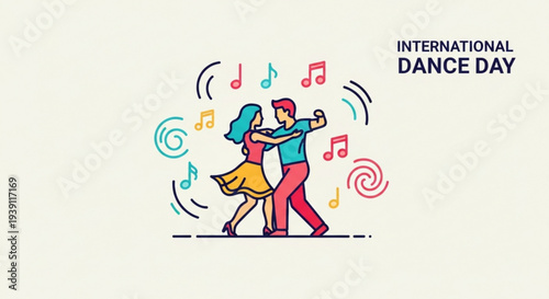 Couple dancing together on international dance day with colorful music notes and swirls around them in a lively scene