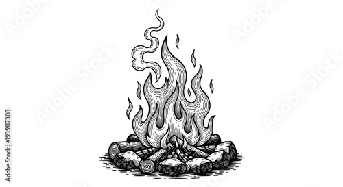 vintage engraving campfire burning wooden logs detailed outdoor camping illustration hand drawn fire flames in retro woodcut style