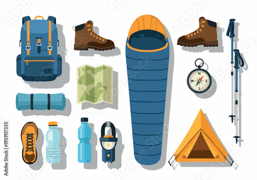 Camping equipment and accessories arranged neatly on a flat surface, showcasing outdoor adventure essentials from a top-down viewpoint.