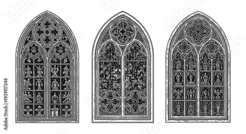 Vintage engraving gothic cathedral windows detailed medieval architecture stained glass church illustration hand drawn woodcut style